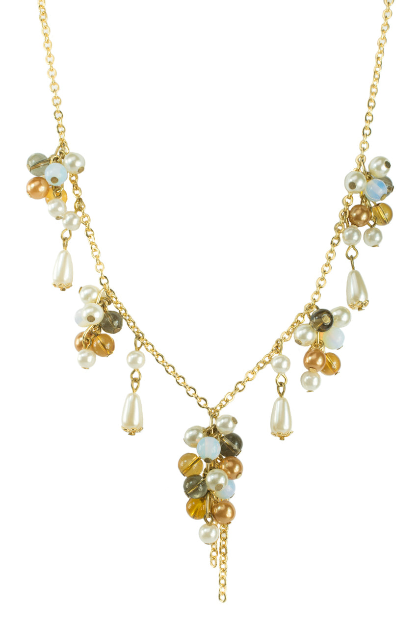 Modern Pearl Cluster Necklace with Mixed Beads and Gold Tone Chain