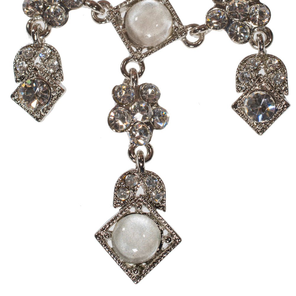 Vintage Style Crystal and Moonstone Statement Necklace - Elegant Wedding Special Occasion Bib Necklace with Rhodium Finish