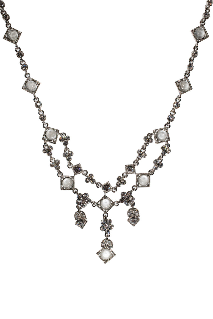 Vintage Style Crystal and Moonstone Statement Necklace - Elegant Wedding Special Occasion Bib Necklace with Rhodium Finish