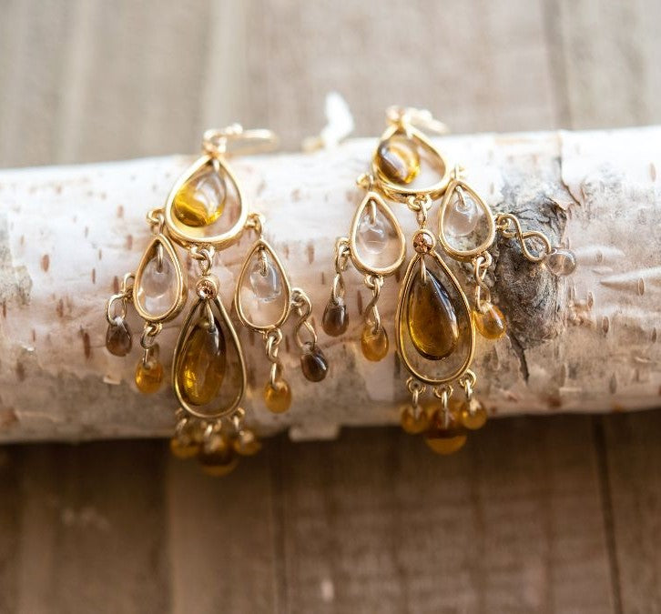 Elegant 3 Inch Gold Tone Beaded Chandelier Drop Earrings with Resin Beads