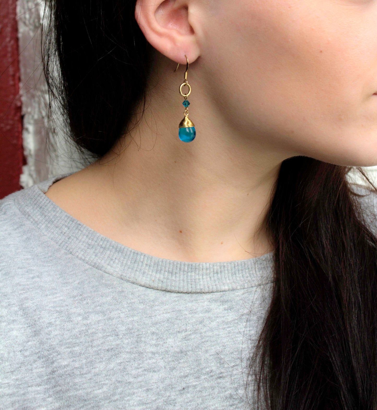 Elegant Blue Glass Teardrop Dangle Earrings with Gold Tone Wire Wrap