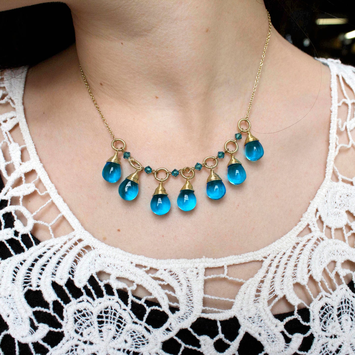 Dainty Blue Glass Teardrop Statement Necklace with Gold Tone Chain Summer Jewelry