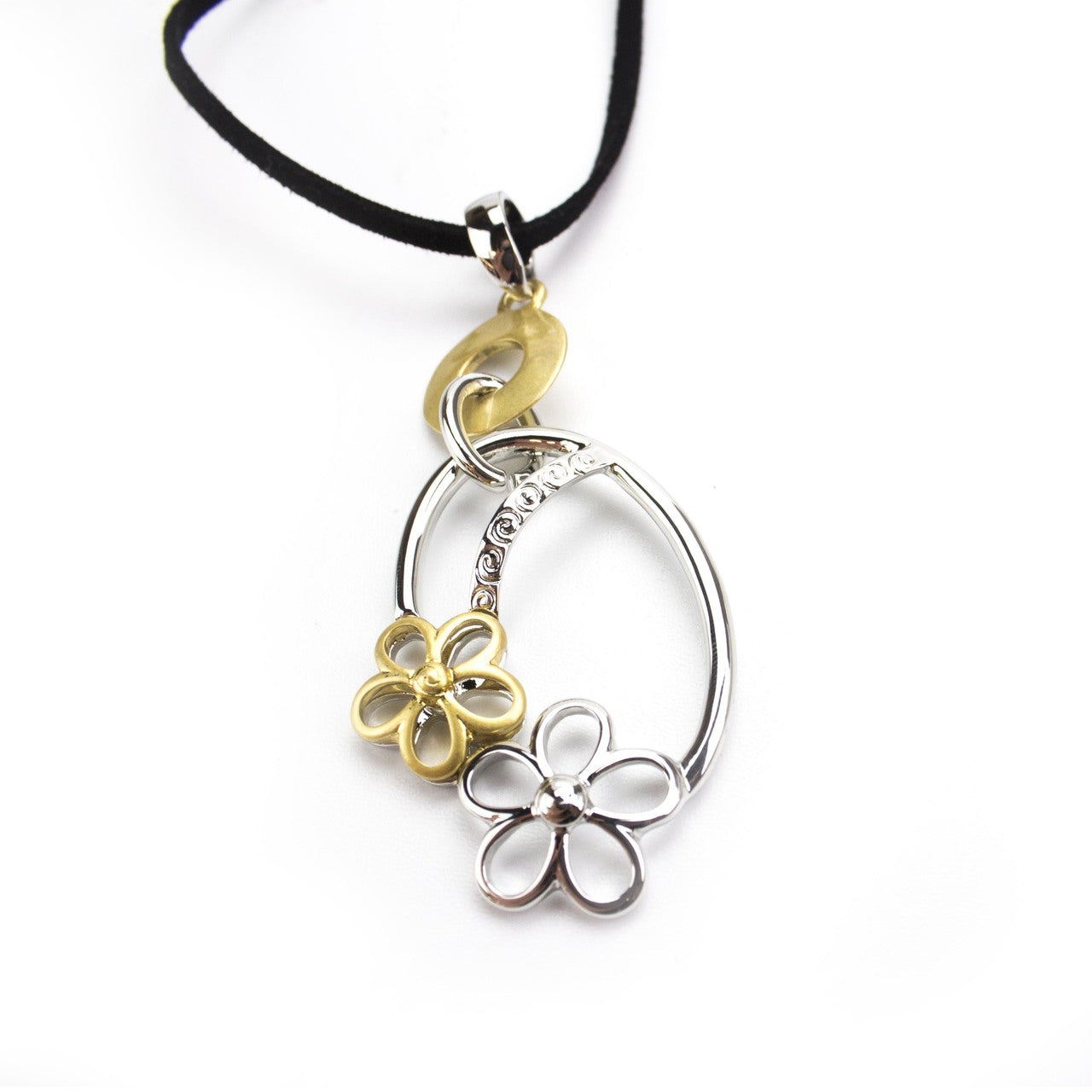 Two Tone Silver and Gold Tone Flower Pendant Necklace with Black Suede Cord, 24 Inch Adjustable Length