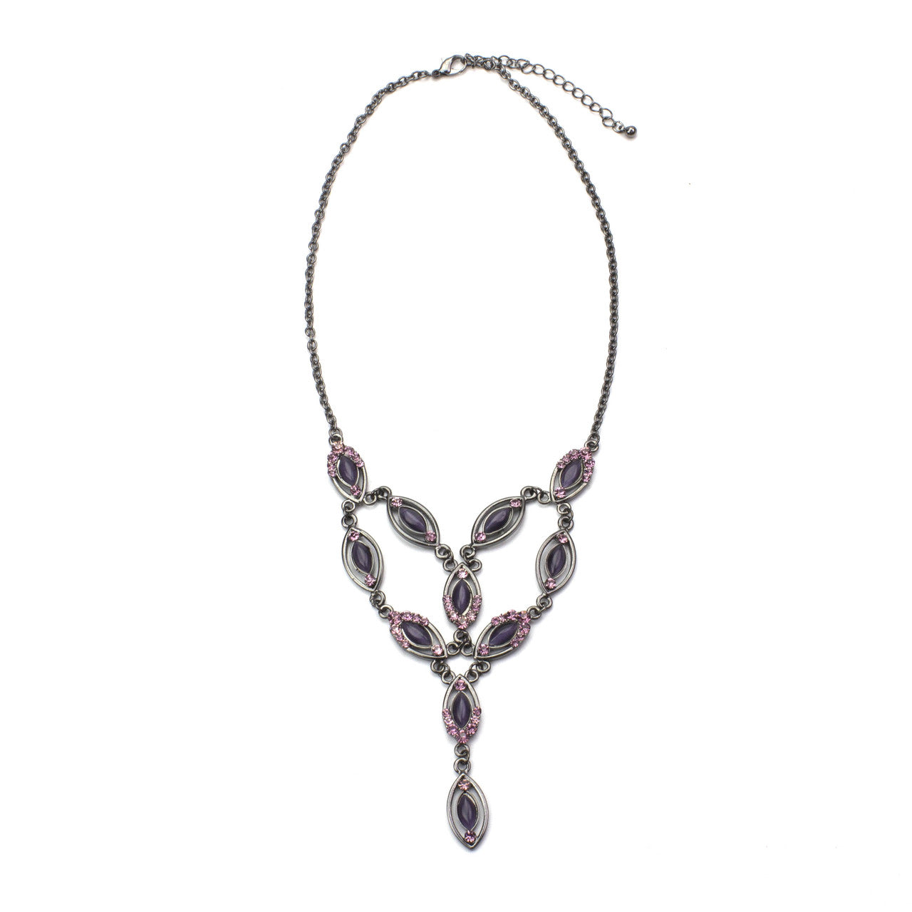 Elegant Purple Cat's Eye and Austrian Crystal Y-Drop Statement Necklace in Gunmetal