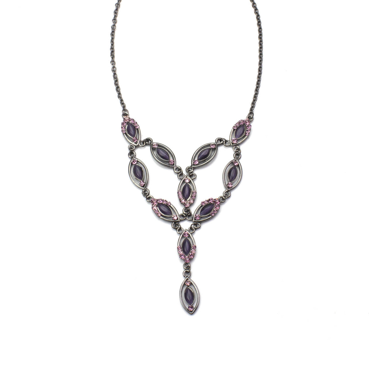 Elegant Purple Cat's Eye and Austrian Crystal Y-Drop Statement Necklace in Gunmetal