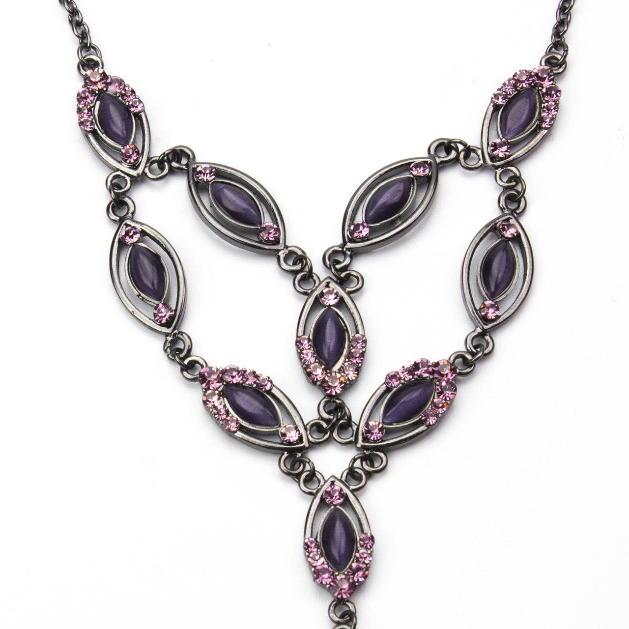Elegant Purple Cat's Eye and Austrian Crystal Y-Drop Statement Necklace in Gunmetal