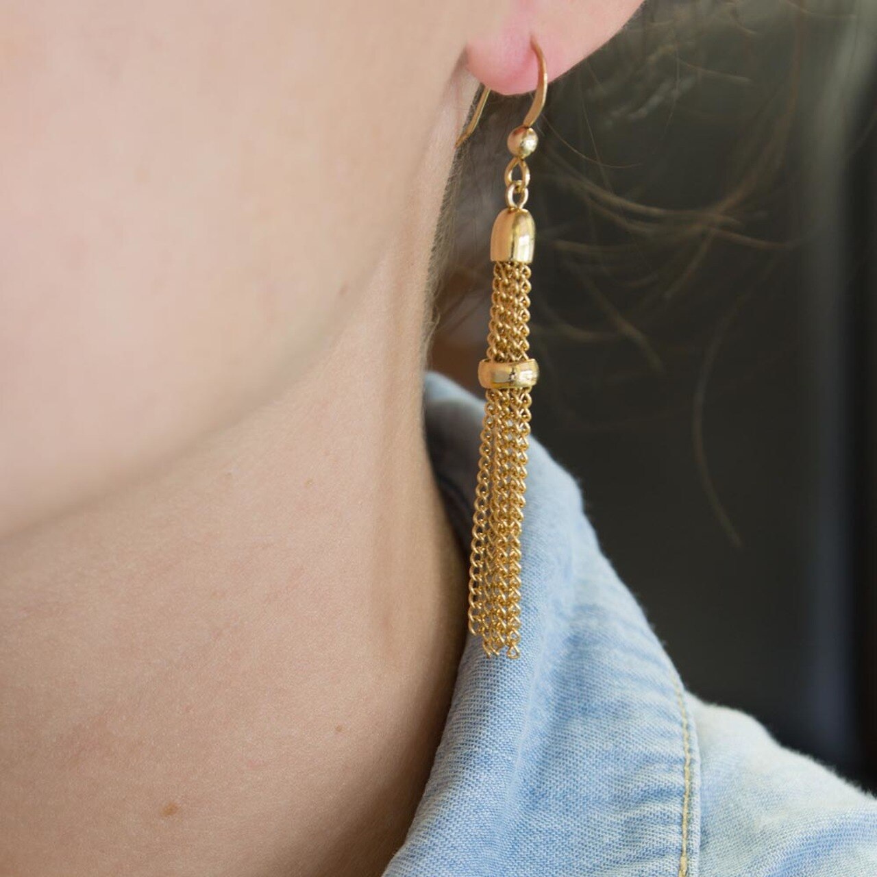 Gold Tone Chain Tassel Drop Earrings with Fish Hook Backing - 2 Inch Dangle Earrings