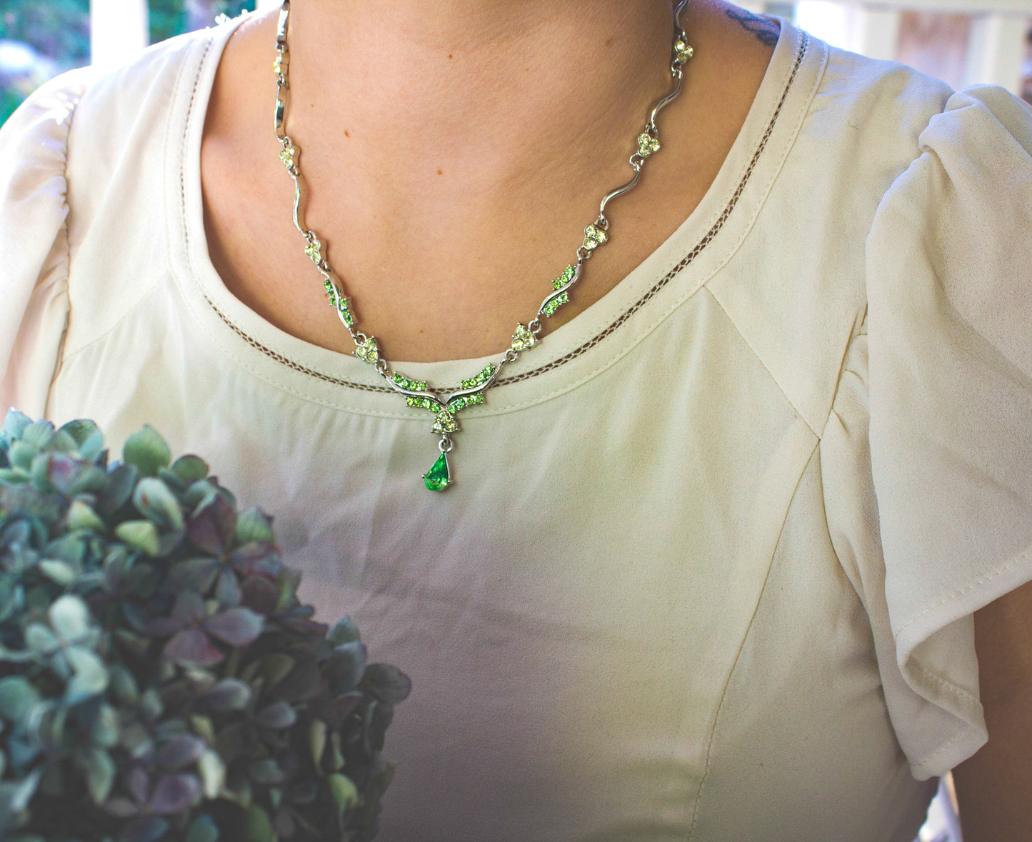 Elegant Crystal Wave Necklace with Green and Yellow Austrian Crystals and Teardrop Pendant, 16 Inch