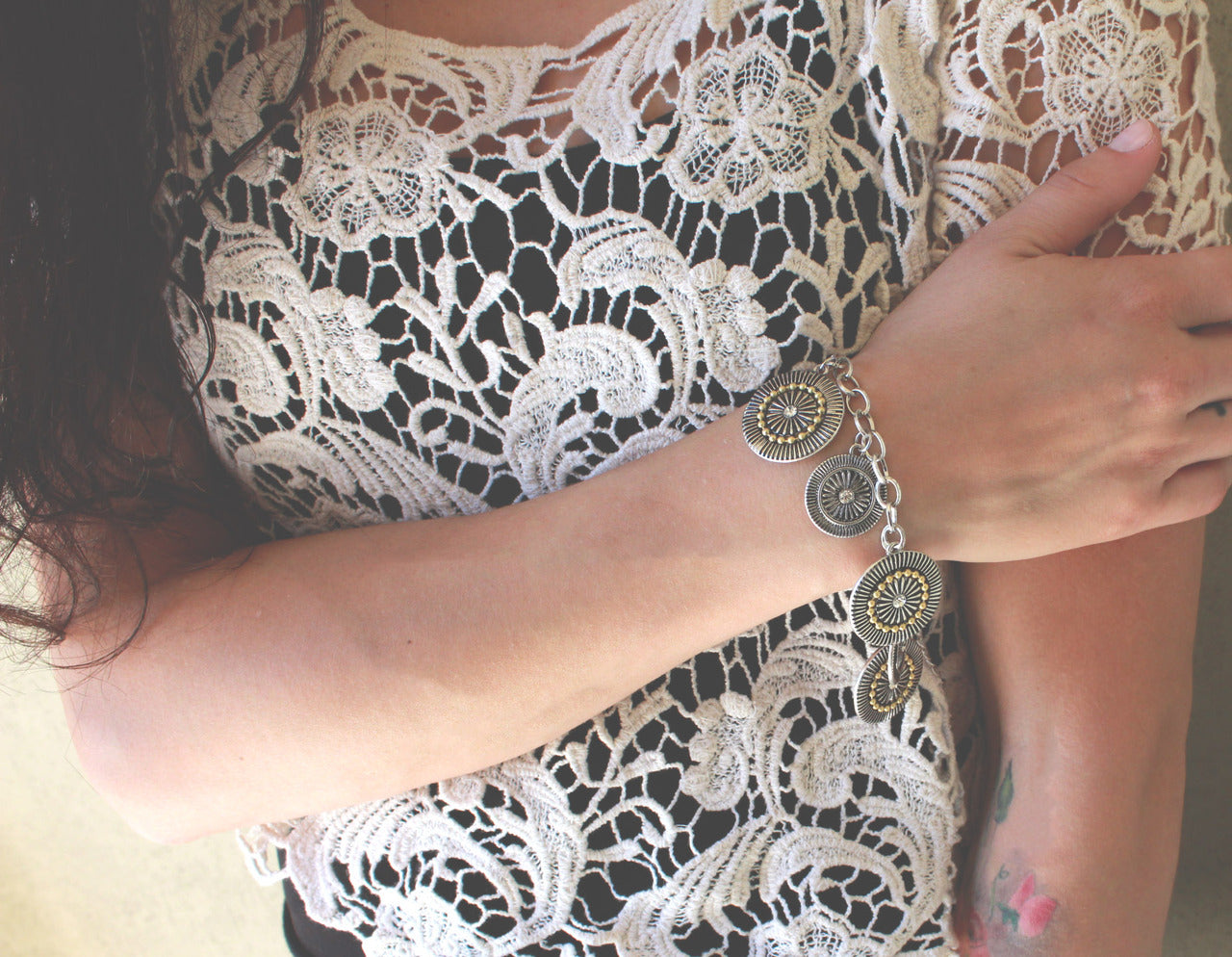 Two-Tone Textured Disc Charm Bracelet with Crystal Accents and Lobster Clasp