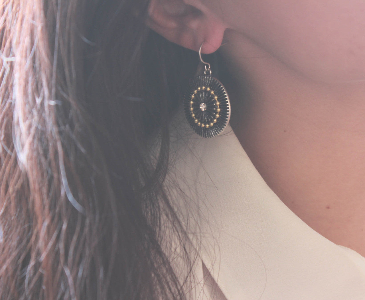 Two-Tone Sunburst Crystal Dangle Earrings with Clear CZ Center Stone and Fish Hook Backing