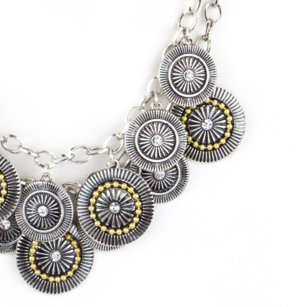 Two-Tone Silver & Gold Statement Necklace with Crystal Disc Charms and CZ Accents, 17 inch + 3 inch Extender