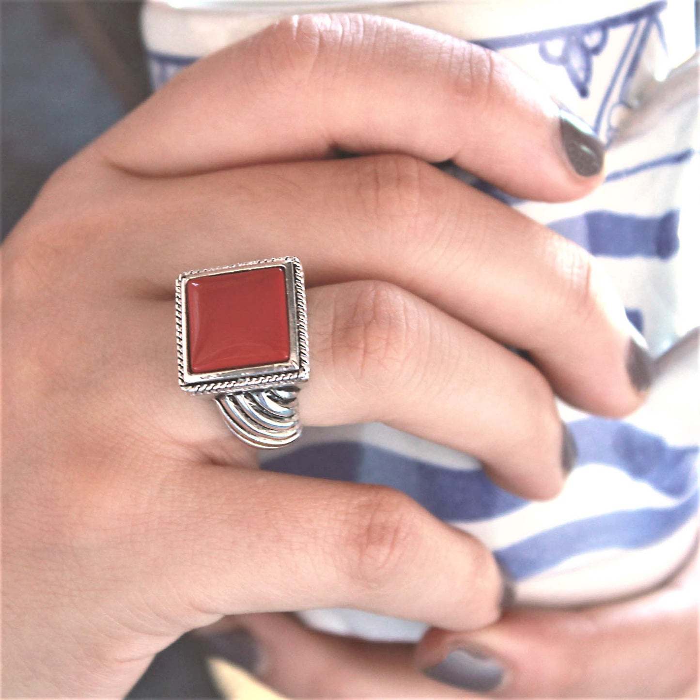 silver ring-red stone ring-genuine stone ring