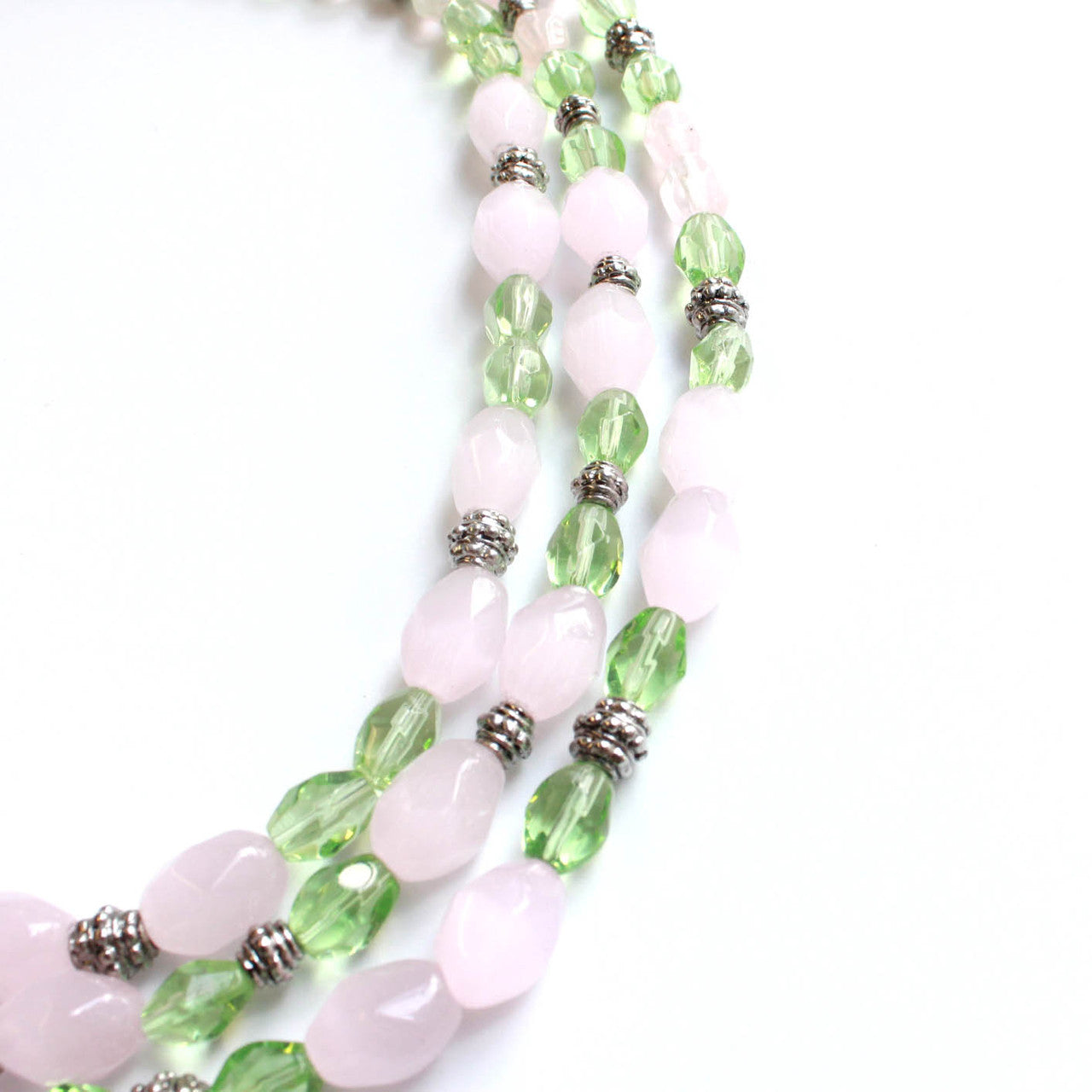 Triple Strand Rose Quartz and Peridot Glass Beaded Statement Necklace with Antiqued Metal Spacers