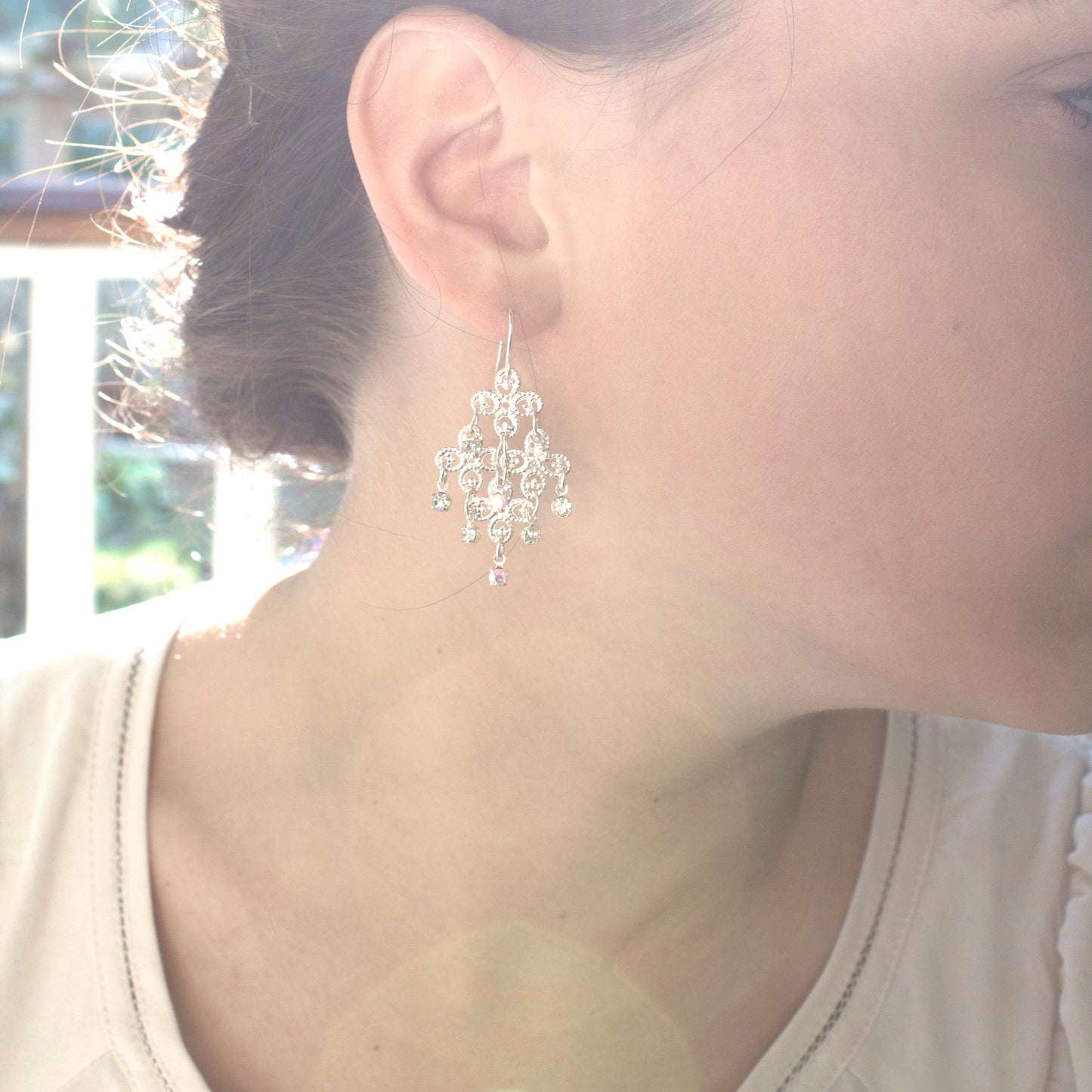 Elegant Crystal Chandelier Drop Earrings with Austrian and Aurora Borealis Crystals - Silver Tone
