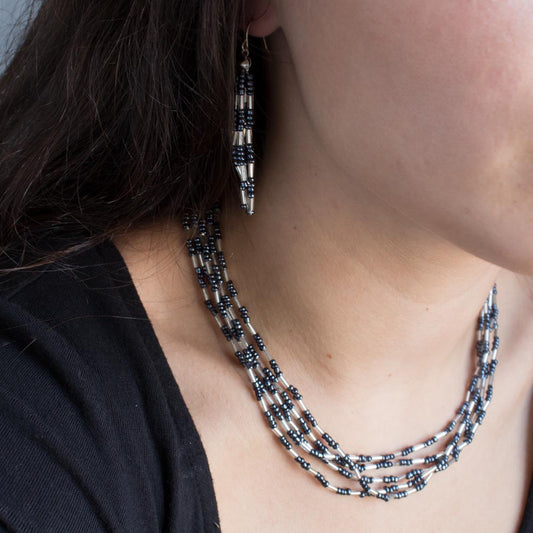 2.5 Inch Genuine Hematite Beaded Dangle Earrings with Silver Tone Accents