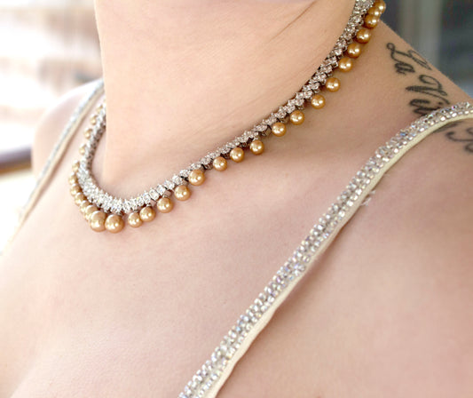 16 Inch Vintage Style Champagne Pearl and Crystal Wedding Necklace with Graduated Pearls