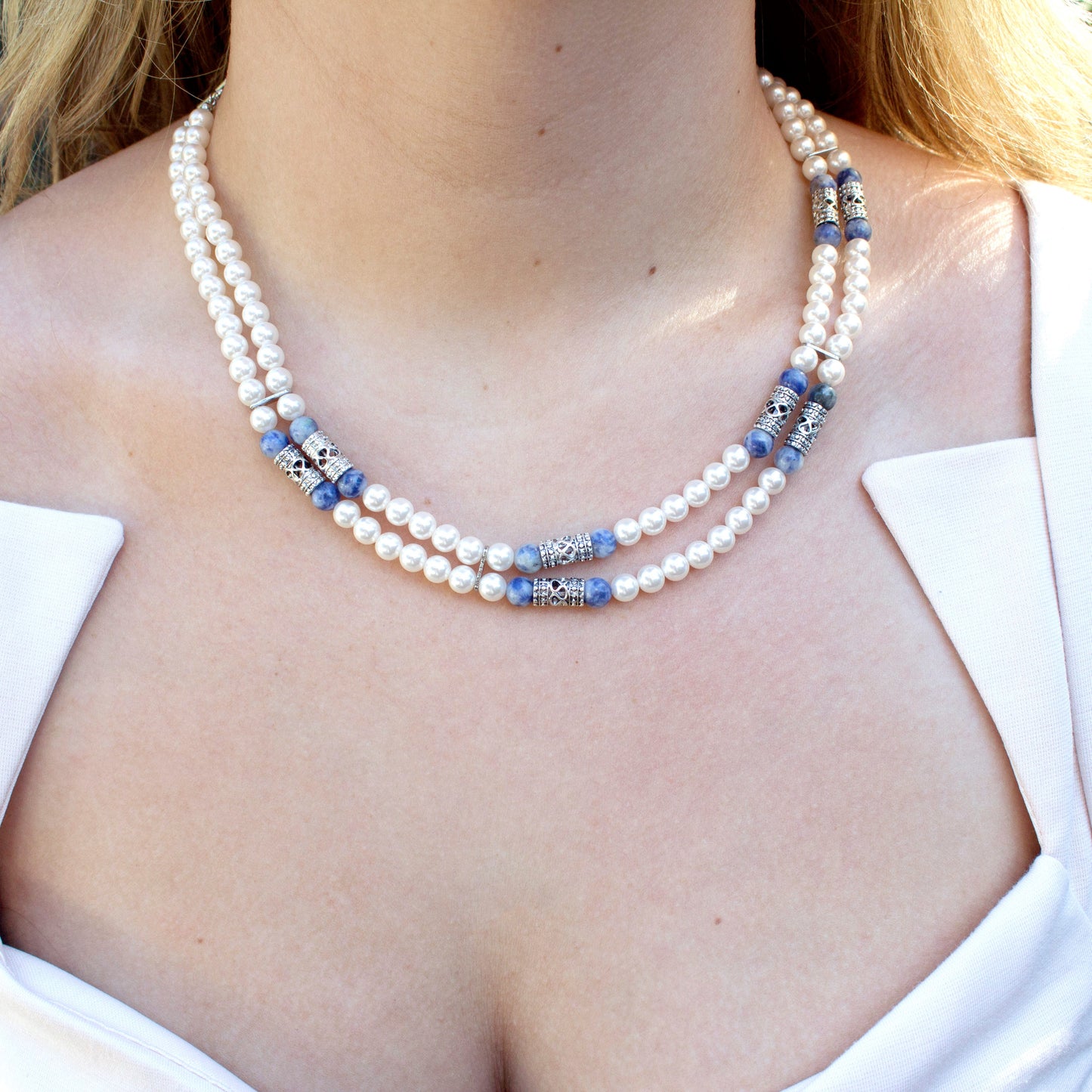 Elegant Double Strand Pearl and Genuine Lapis Necklace with Silver Tone Accents
