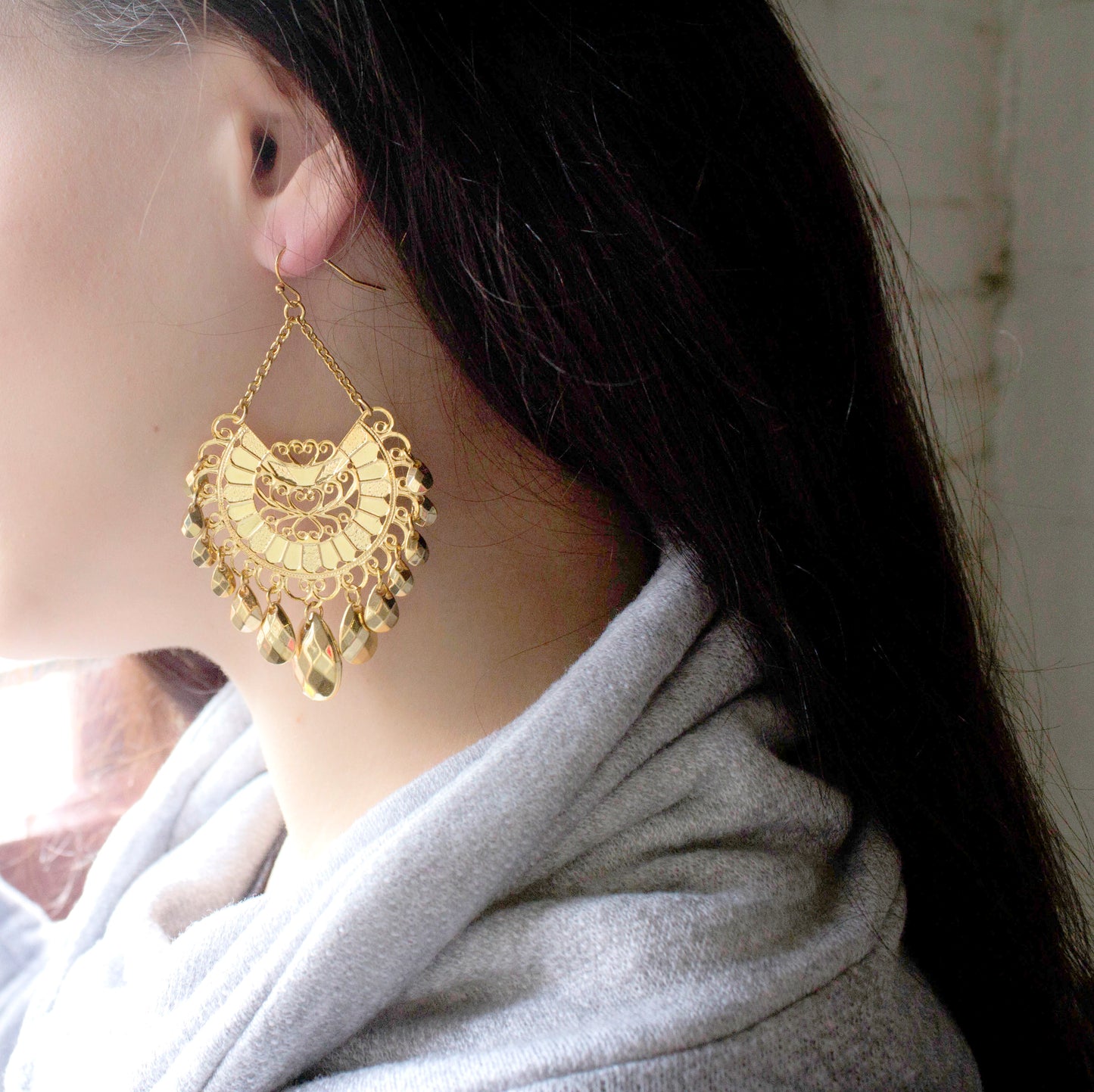 gold earrings-statement drop gold earrings-bohemian design-large earrings