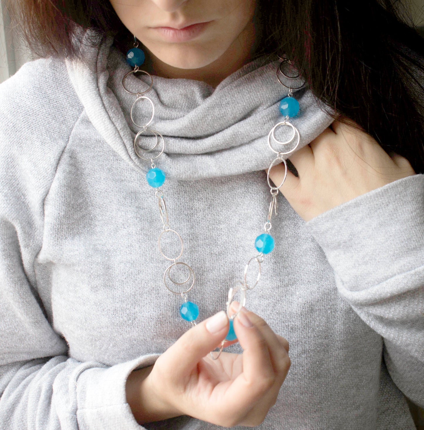 Ocean Blue Faceted Glass Bead and Silver Circle Link Necklace and Earring Set - Long Statement Jewelry