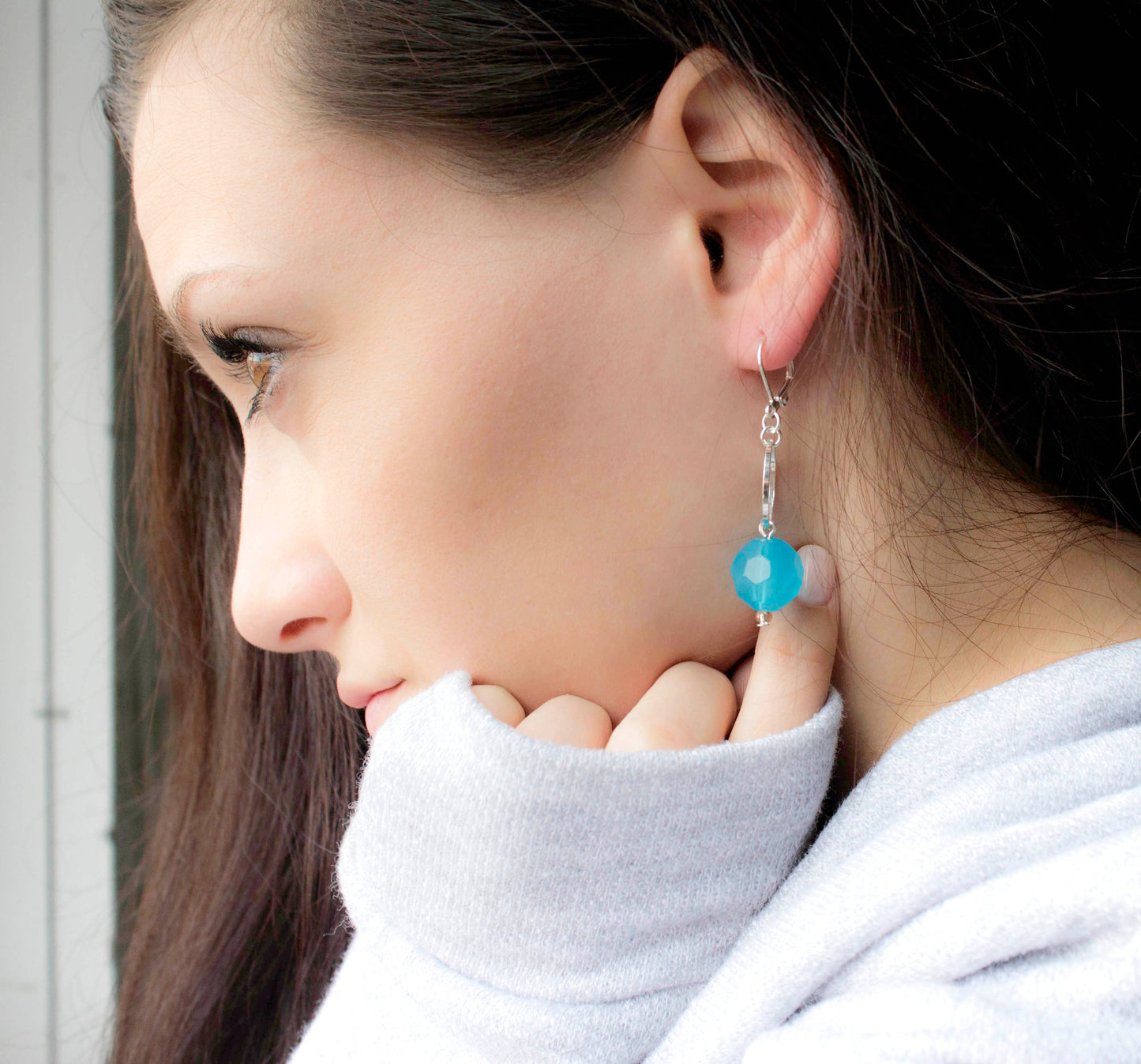 Ocean Blue Faceted Glass Bead and Silver Circle Link Necklace and Earring Set - Long Statement Jewelry
