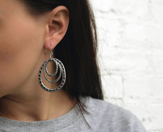 Antiqued Silver Tone Multi Oval Hoop Drop Dangle Earrings with Textured Design