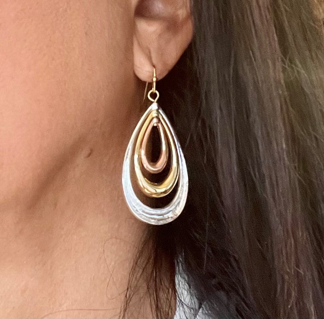 Tri-Color Metal Teardrop Dangle Earrings - 2 Inch Drop Length Fashion Jewelry