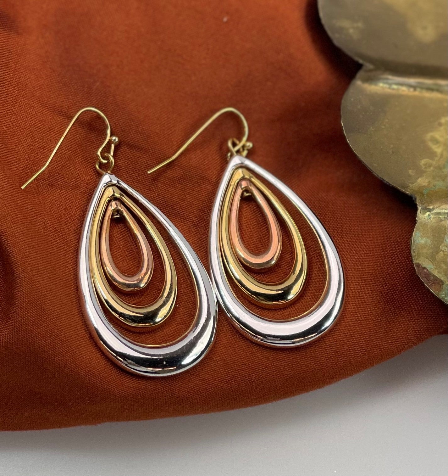 Tri-Color Metal Teardrop Dangle Earrings - 2 Inch Drop Length Fashion Jewelry