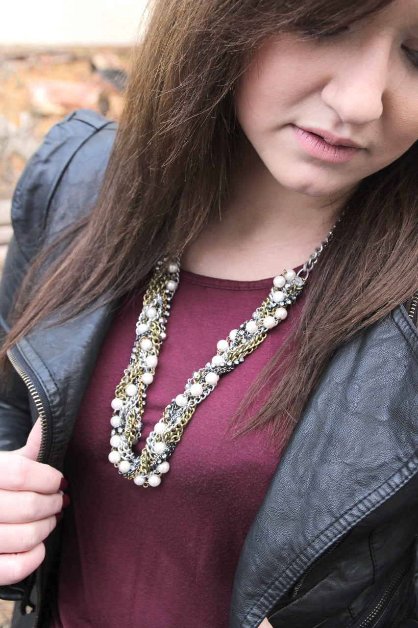 Braided Multi-Chain Statement Necklace with Crystals and Glass Pearls - 26 Inch Mixed Metal Fashion Necklace