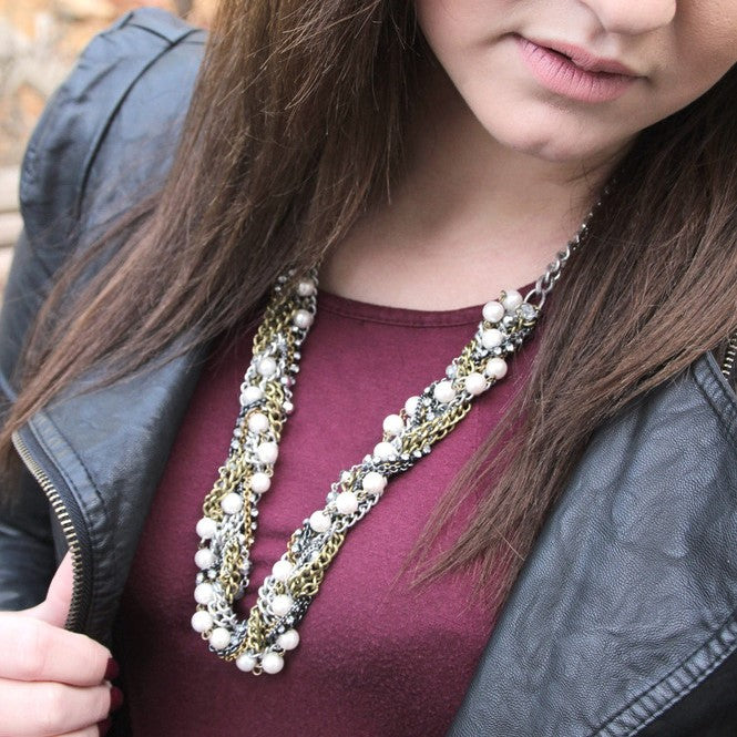 Braided Multi-Chain Statement Necklace with Crystals and Glass Pearls - 26 Inch Mixed Metal Fashion Necklace
