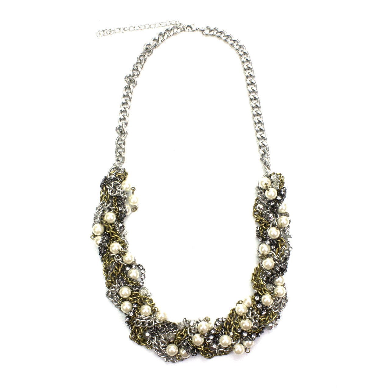 Braided Multi-Chain Statement Necklace with Crystals and Glass Pearls - 26 Inch Mixed Metal Fashion Necklace