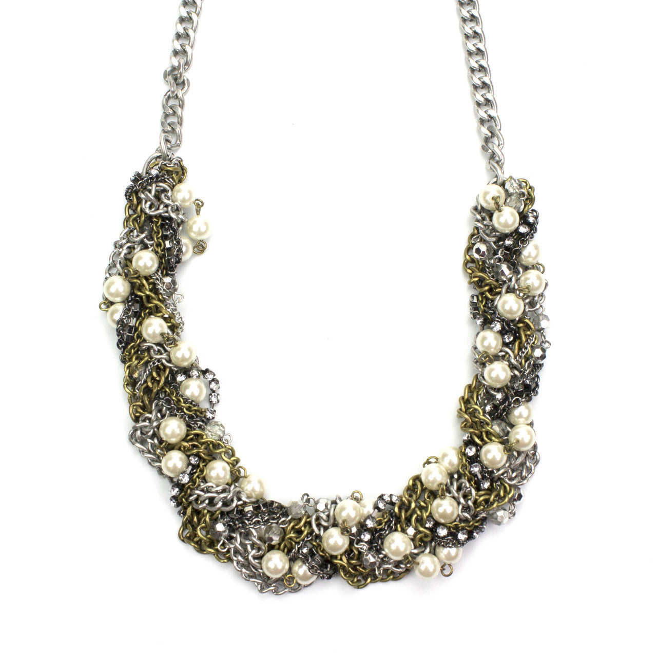 Braided Multi-Chain Statement Necklace with Crystals and Glass Pearls - 26 Inch Mixed Metal Fashion Necklace