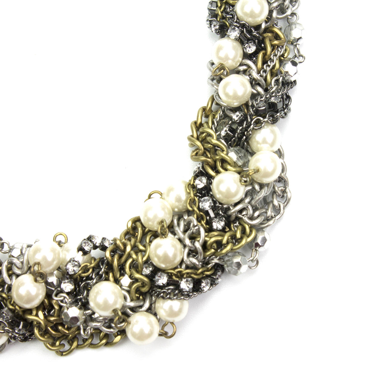 Braided Multi-Chain Statement Necklace with Crystals and Glass Pearls - 26 Inch Mixed Metal Fashion Necklace