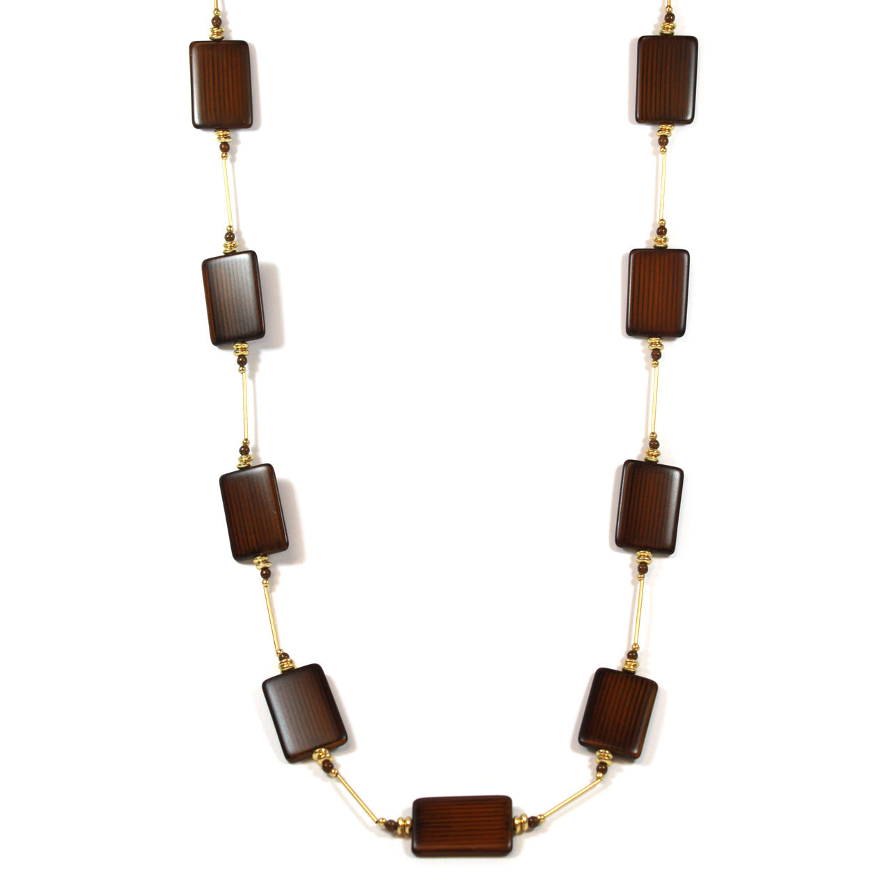 36 Inch Brown Wood Bead Station Necklace with Gold Tone Accents
