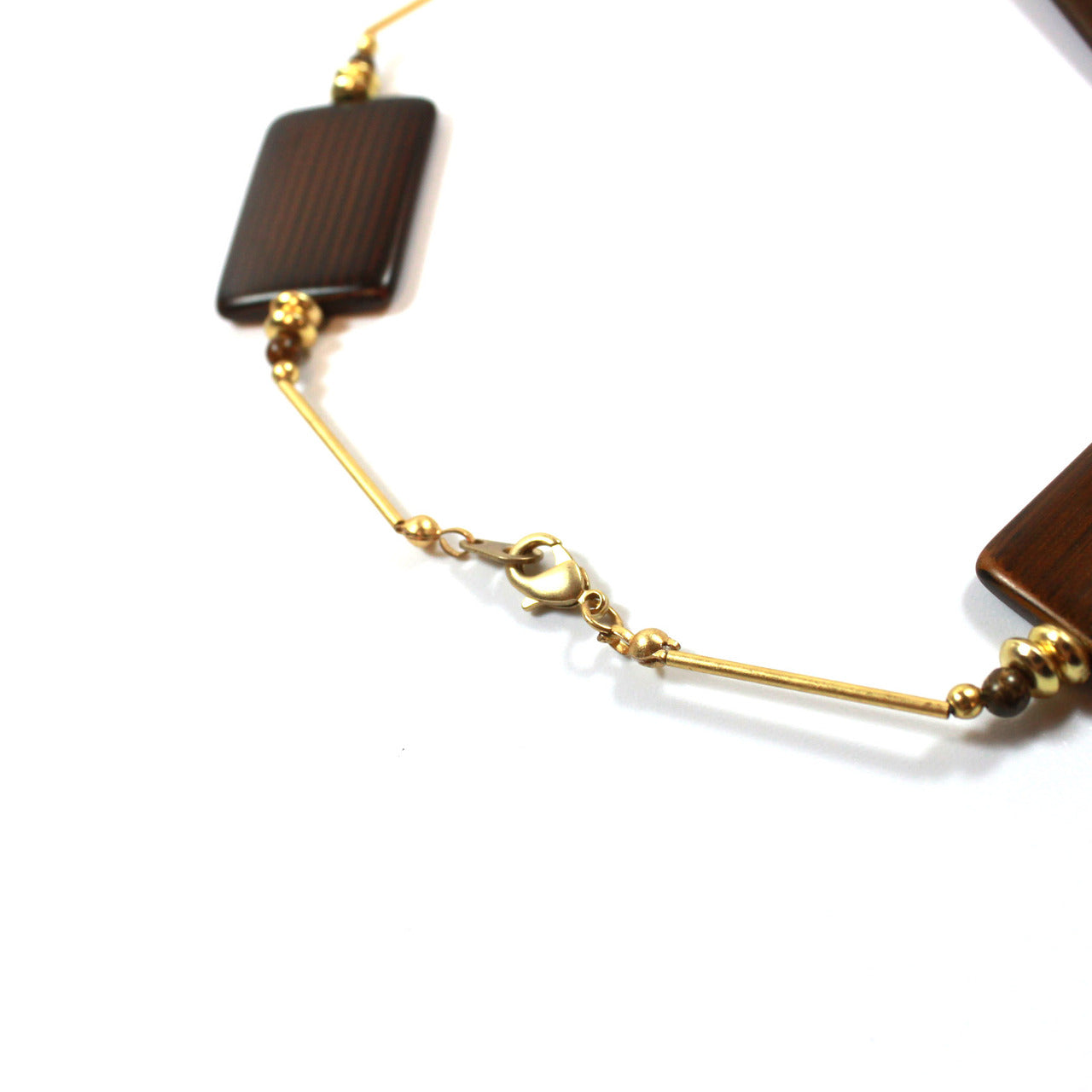36 Inch Brown Wood Bead Station Necklace with Gold Tone Accents