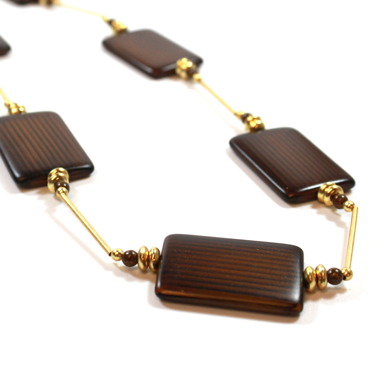 36 Inch Brown Wood Bead Station Necklace with Gold Tone Accents
