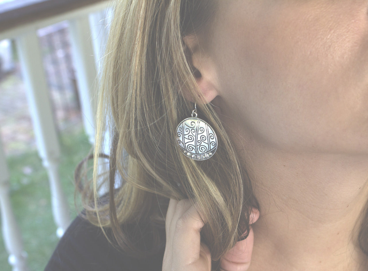 Vintage Style Crystal Scroll Disk Dangle Earrings with Antique Silver Tone Finish