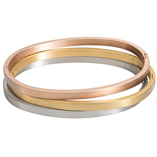 Tri-Color Stainless Steel Bangle Bracelet Set - Rose Gold, Gold, and Silver Tone Stackable Bracelets