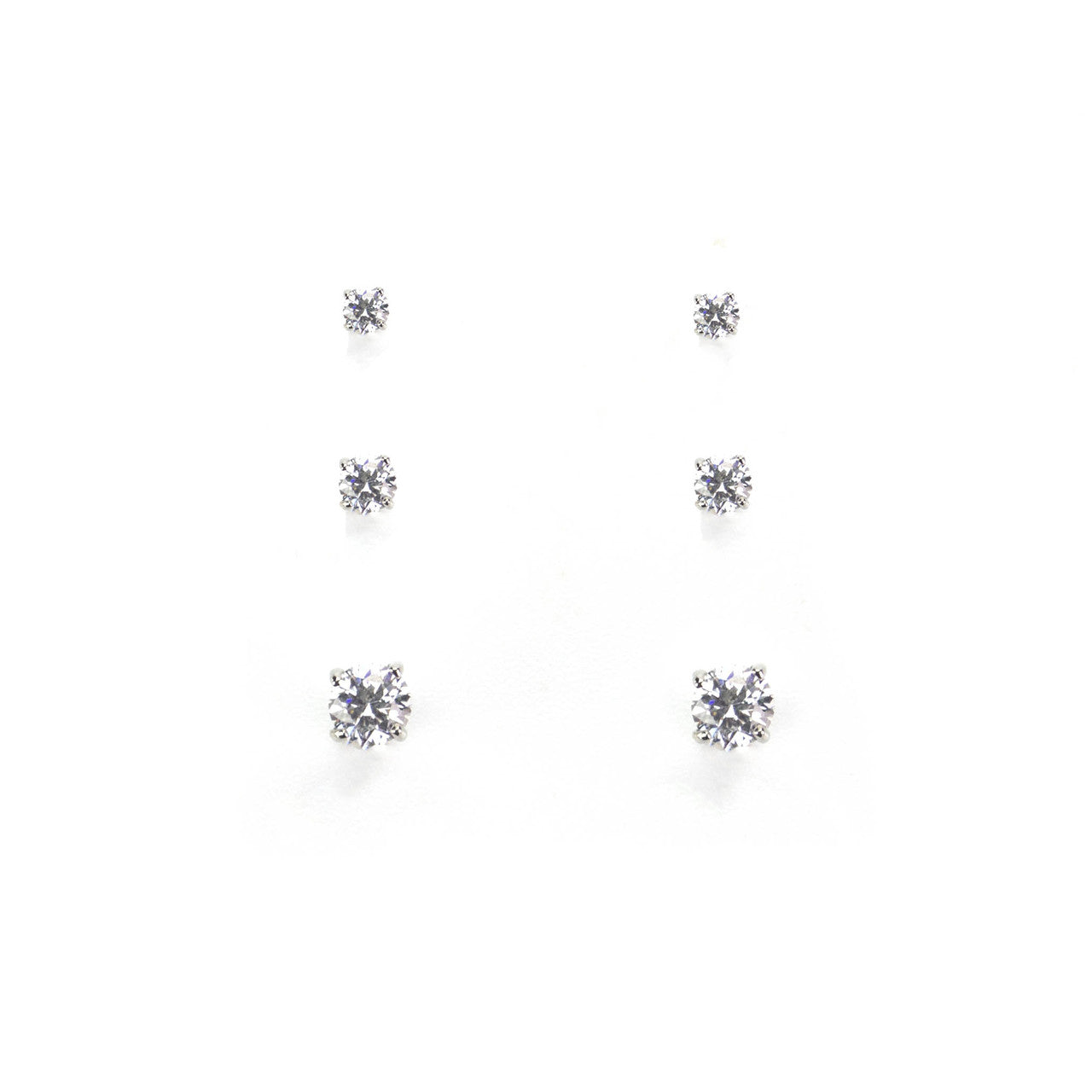 3 Pair Clear Crystal Cubic Zirconia Stud Earring Set in Silver Tone