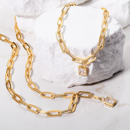 Women's 14kt Gold Plated Sterling Silver Chain Bracelet with Cubic Zirconia Stone