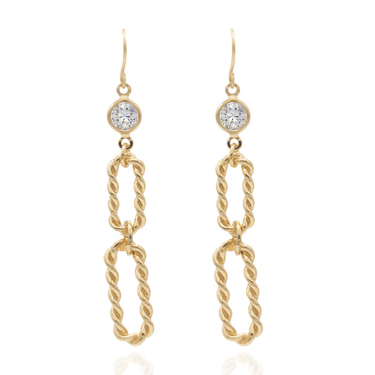 Elegant 14k Yellow Gold Plated Dangle Earrings Link with Cubic Zirconia Design