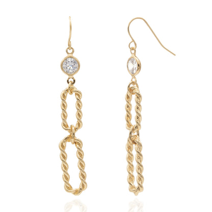 Elegant 14k Yellow Gold Plated Dangle Earrings Link with Cubic Zirconia Design