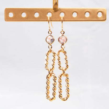 Elegant 14k Yellow Gold Plated Dangle Earrings Link with Cubic Zirconia Design