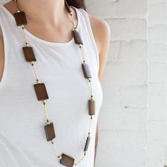 36 Inch Brown Wood Bead Station Necklace with Gold Tone Accents