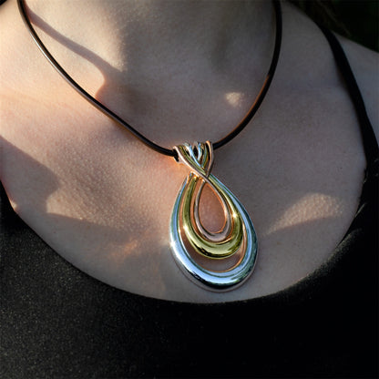 Elegant Tri-Tone Teardrop Pendant Necklace with Black Cord - Fashion Statement Jewelry
