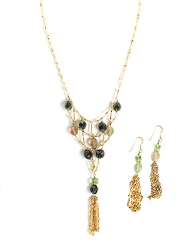 Bohemian Glass Bead Tassel Necklace and Earring Set - 30 Inch Long Chain Statement Jewelry