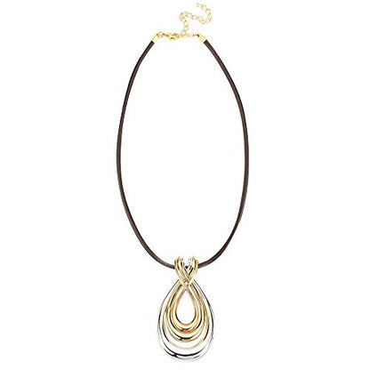 Elegant Tri-Tone Teardrop Pendant Necklace with Black Cord - Fashion Statement Jewelry