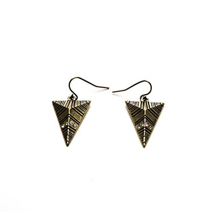Tribal Arrow Necklace and Earring Set with CZ Crystals, Antique Gold Geometric Statement Jewelry