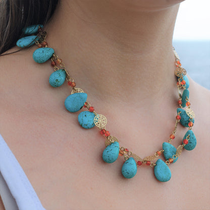 Genuine Turquoise and Carnelian Double Layer Statement Bib Necklace with Gold Tone Accents