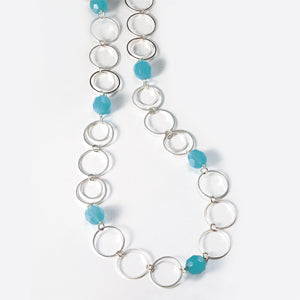 Tropical Blue Faceted Glass Bead Circle Link Necklace and Earring Set with Silver Tone Chain