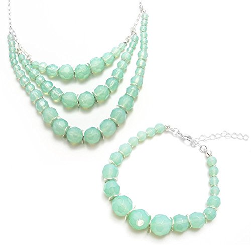 Elegant 3-Strand Mint Green Faceted Glass Bead Necklace and Bracelet Set with Silver Tone Chain